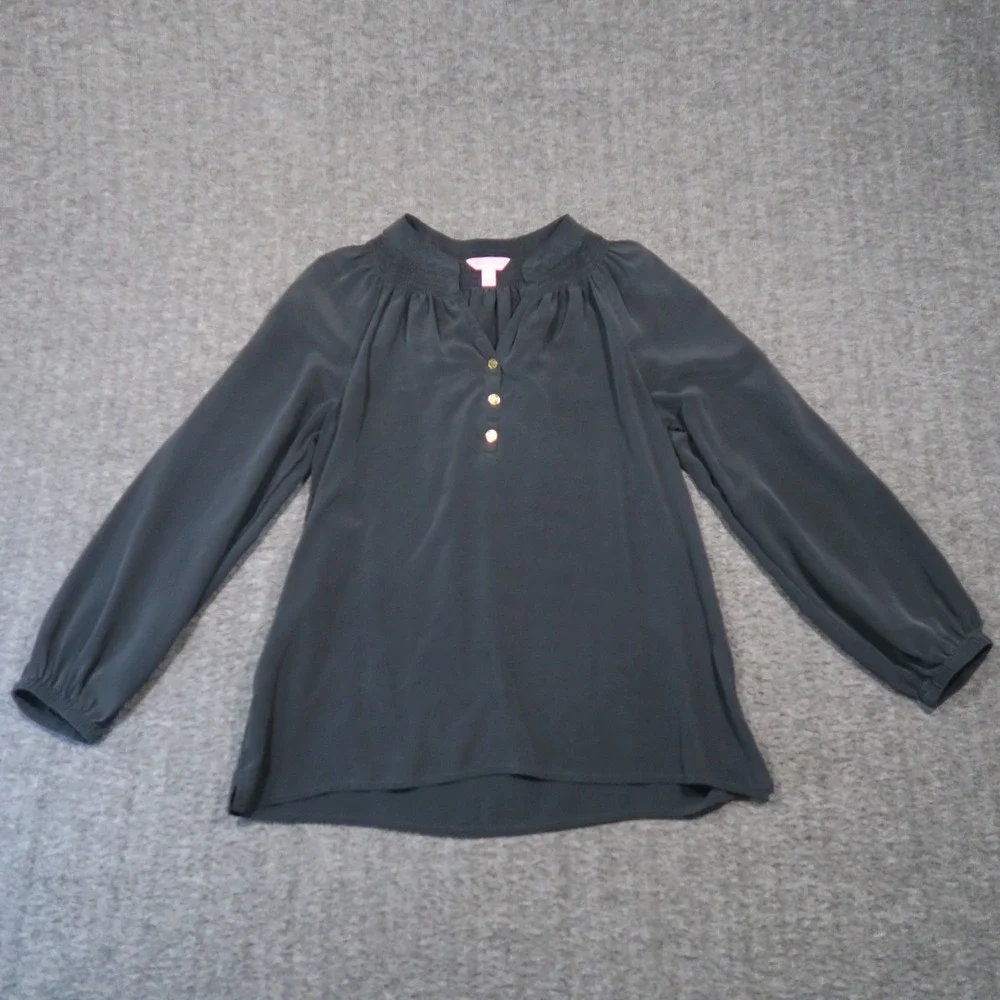Lilly Pulitzer Silk Elsa Top S Black Puff Sleeve Split‎ V-Neck Buttons Luxury